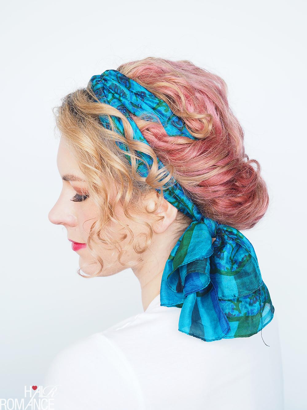 curly hairstyle with a scarf