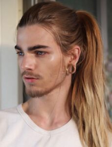 male ponytail with bangs
